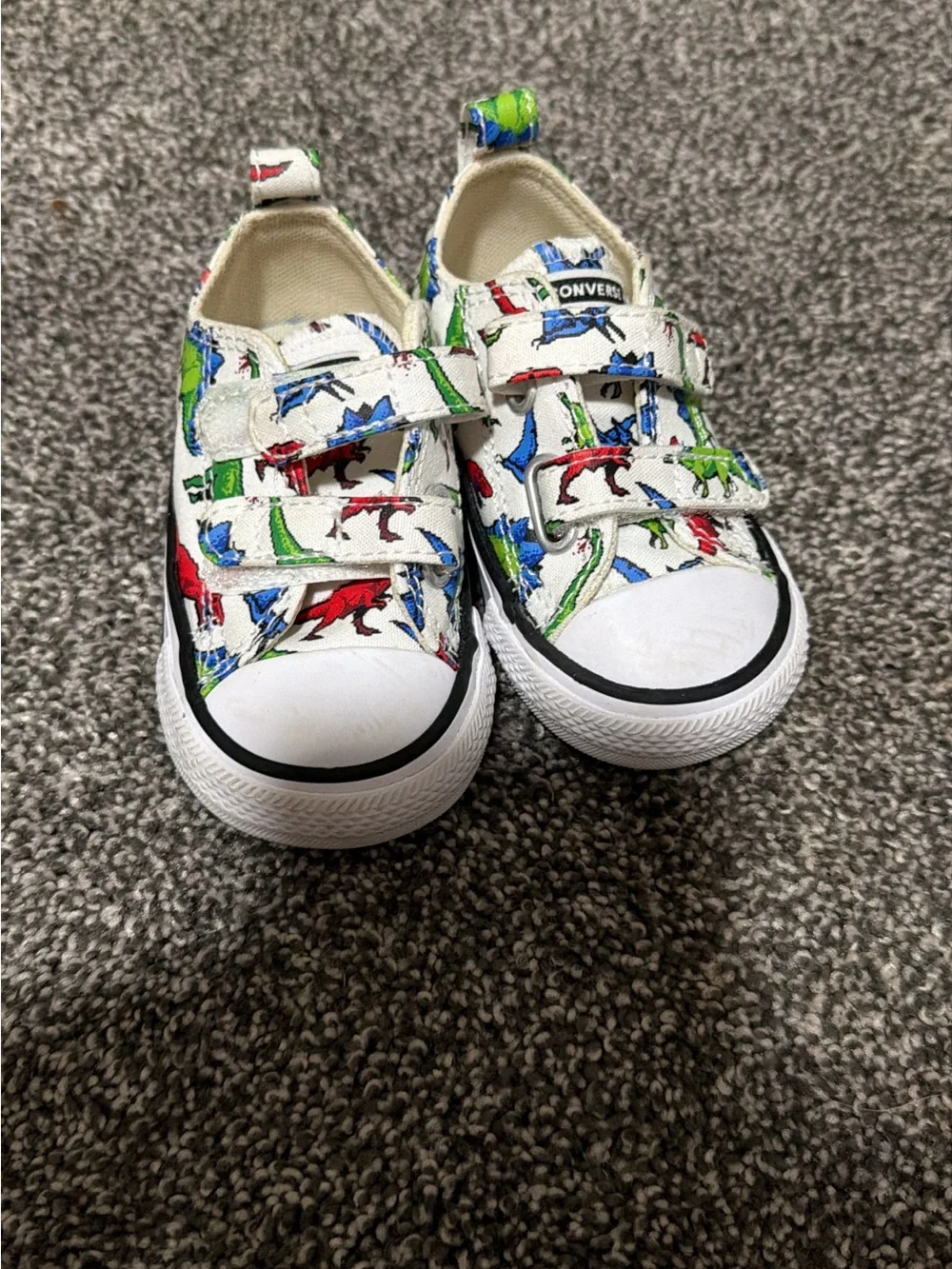 Converse Kids White Sneakers with Red, Blue & Green Dinosaur Print